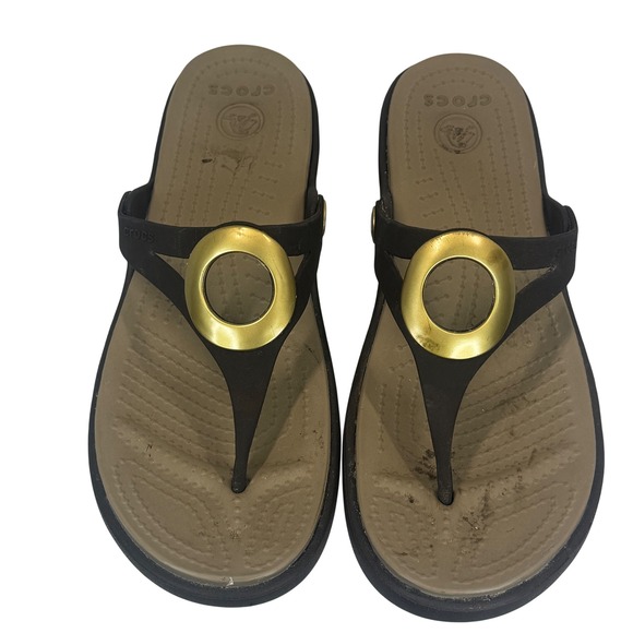 CROCS Shoes - Crocs Sanrah Women's 10 Black Gold Circle Wedge Flip Flop Sandals Comfort